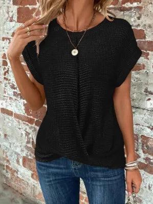 Women's relaxed short-sleeve top with twist hem, black, front view