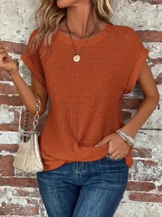 Women's relaxed short-sleeve top with twist hem, brick, front view