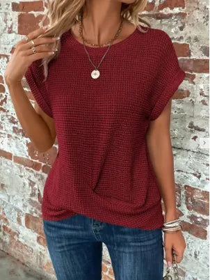 Women's relaxed short-sleeve top with twist hem, burgundy, front view