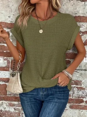 Women's relaxed short-sleeve top with twist hem, green, front view