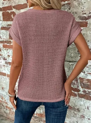 Women's relaxed short-sleeve top with twist hem, pink, back view