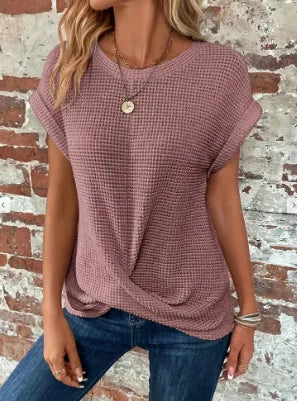 Women's relaxed short-sleeve top with twist hem, pink, front view