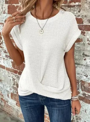 Women's relaxed short-sleeve top with twist hem, white, front view