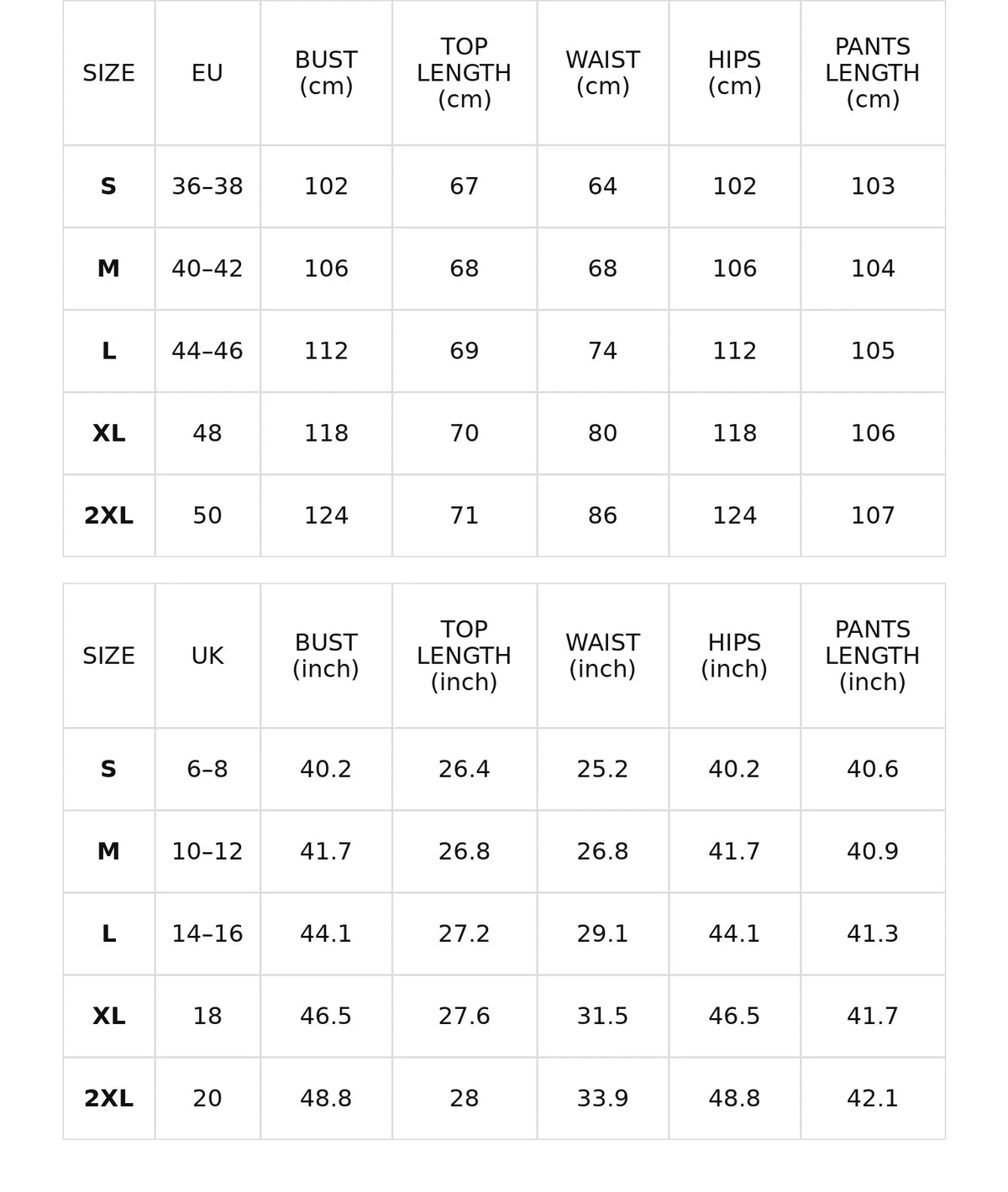 Size chart for relaxed sweater and wide-leg pants set