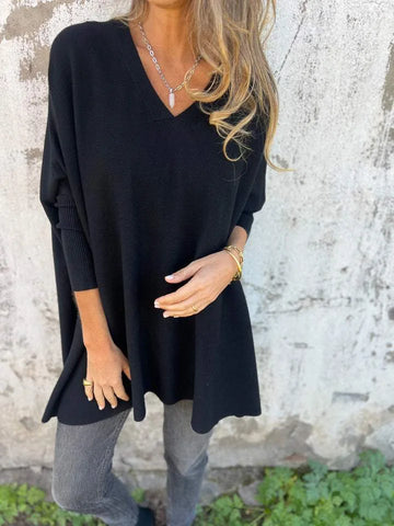 Women's relaxed V-neck long sweater, black, front view