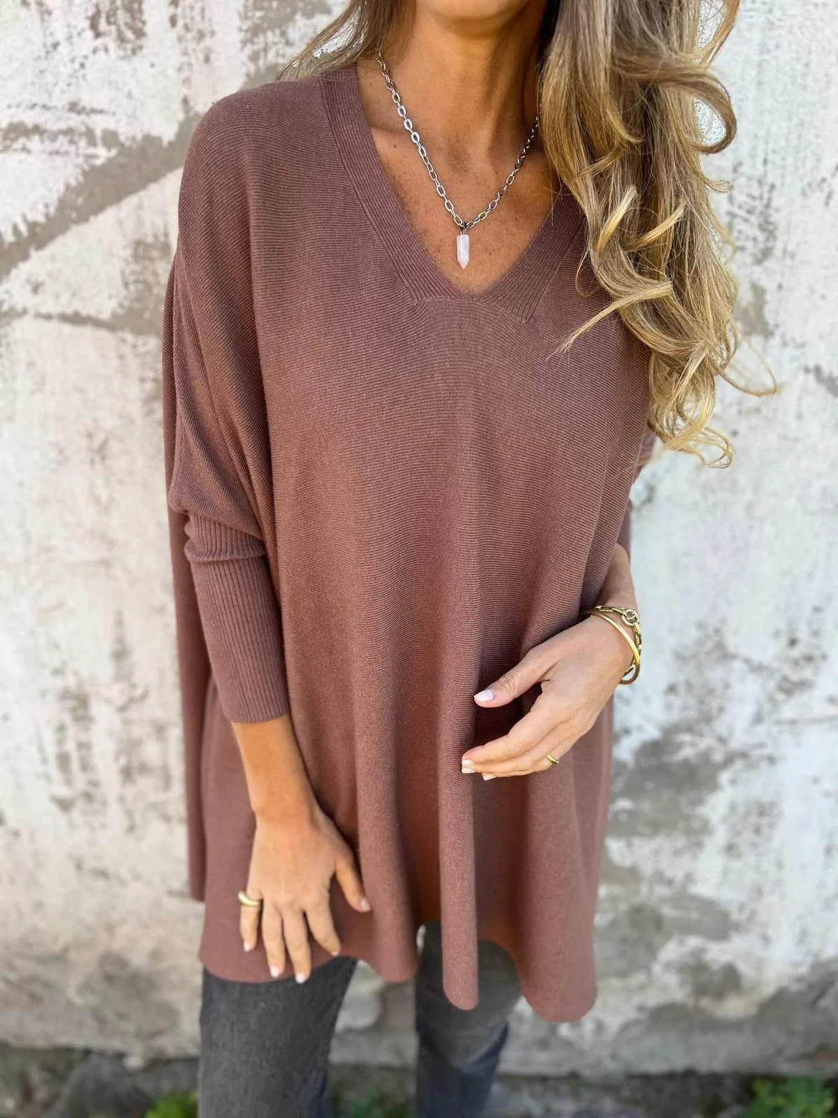 Women's relaxed V-neck long sweater, brown, front view