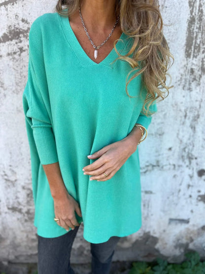 Women's relaxed V-neck long sweater, light blue, front view