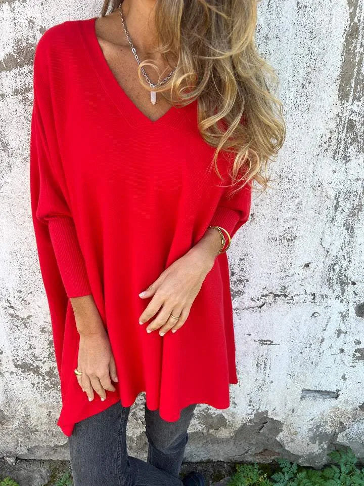 Women's relaxed V-neck long sweater, red, front view