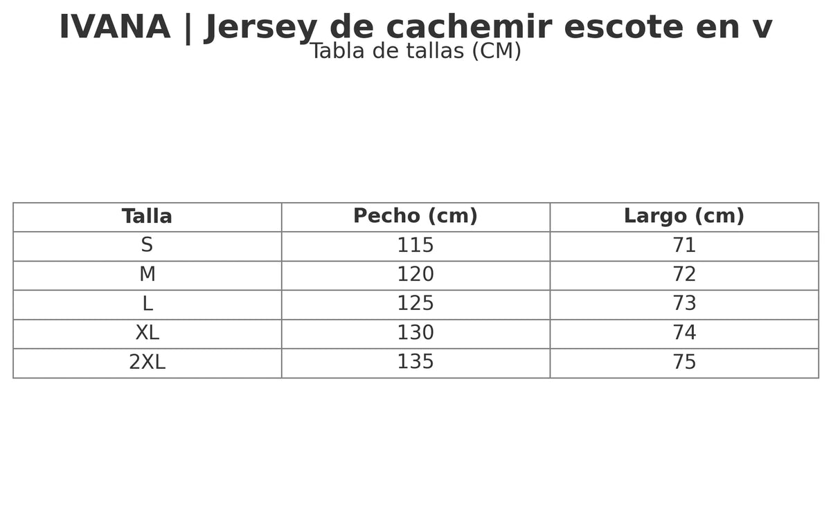 Size chart for the relaxed v-neck long sweater