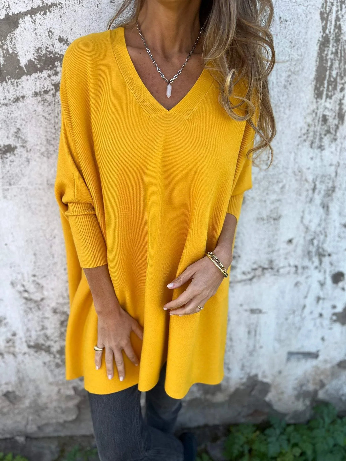 Women's relaxed V-neck long sweater, yellow, front view