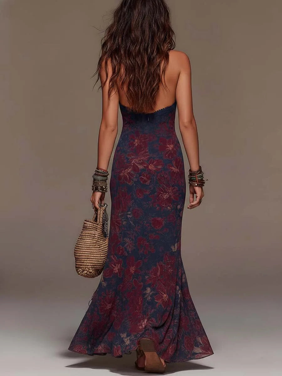 Women's retro floral halter maxi dress with fishtail hem, back view