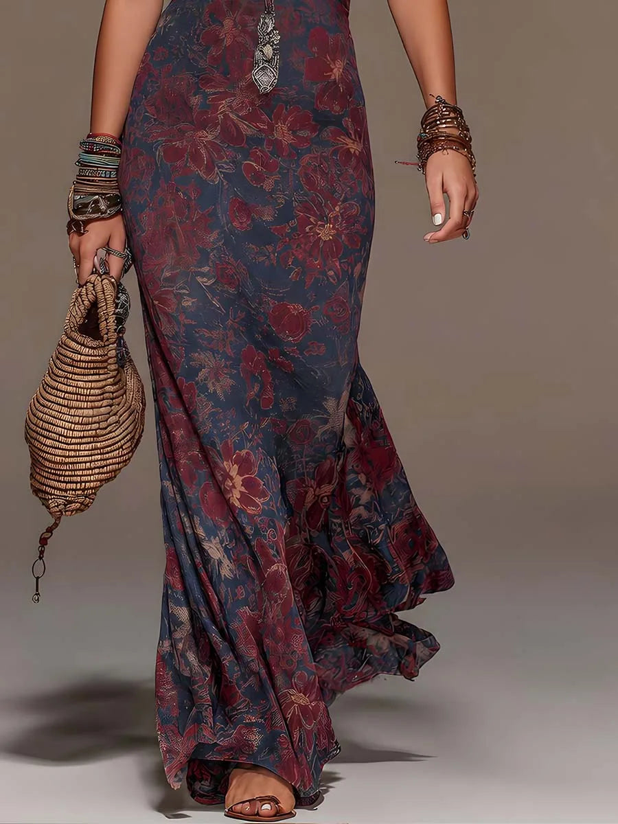 Women's retro floral halter maxi dress with fishtail hem, close-up of the fishtail skirt