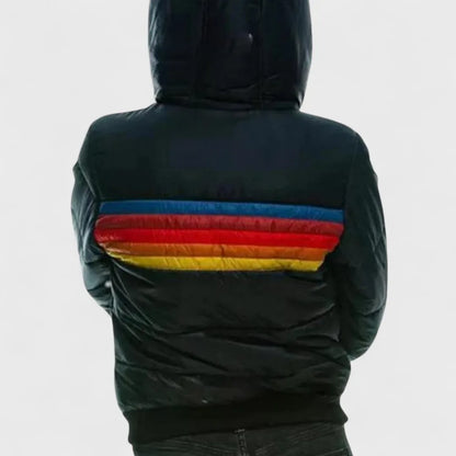Women's retro striped puffer jacket with hood, black, back view with hood