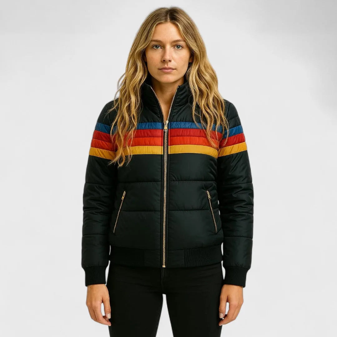 Women's retro striped puffer jacket with hood, black, front view