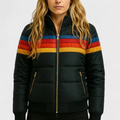 Women's retro striped puffer jacket with hood, black, front view