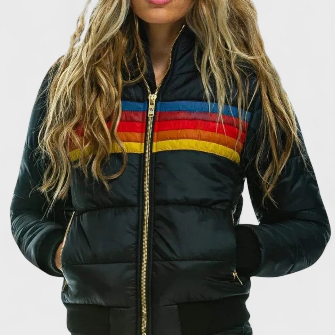 Women's retro striped puffer jacket with hood, black, front view