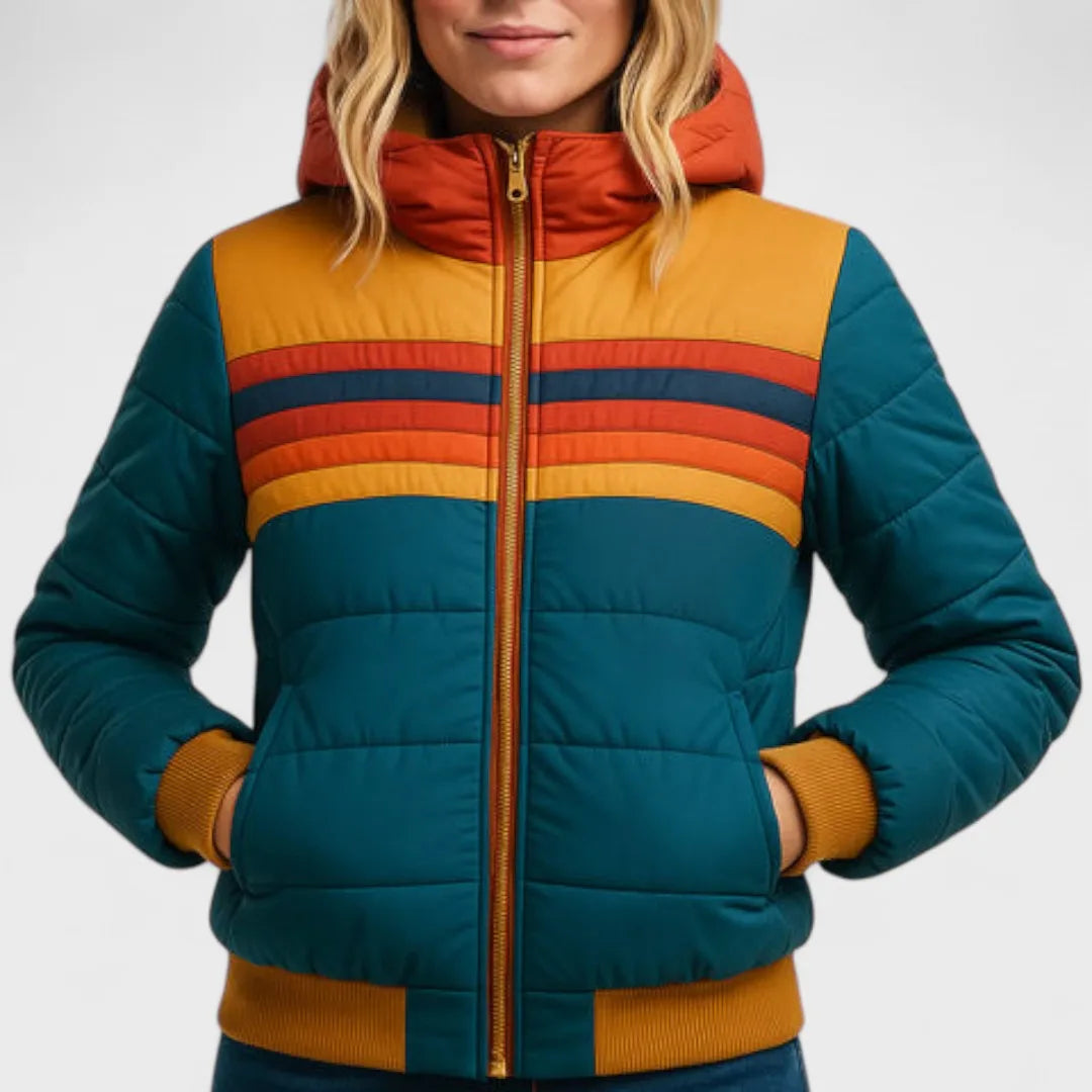 Women's retro striped puffer jacket with hood, blue, front view
