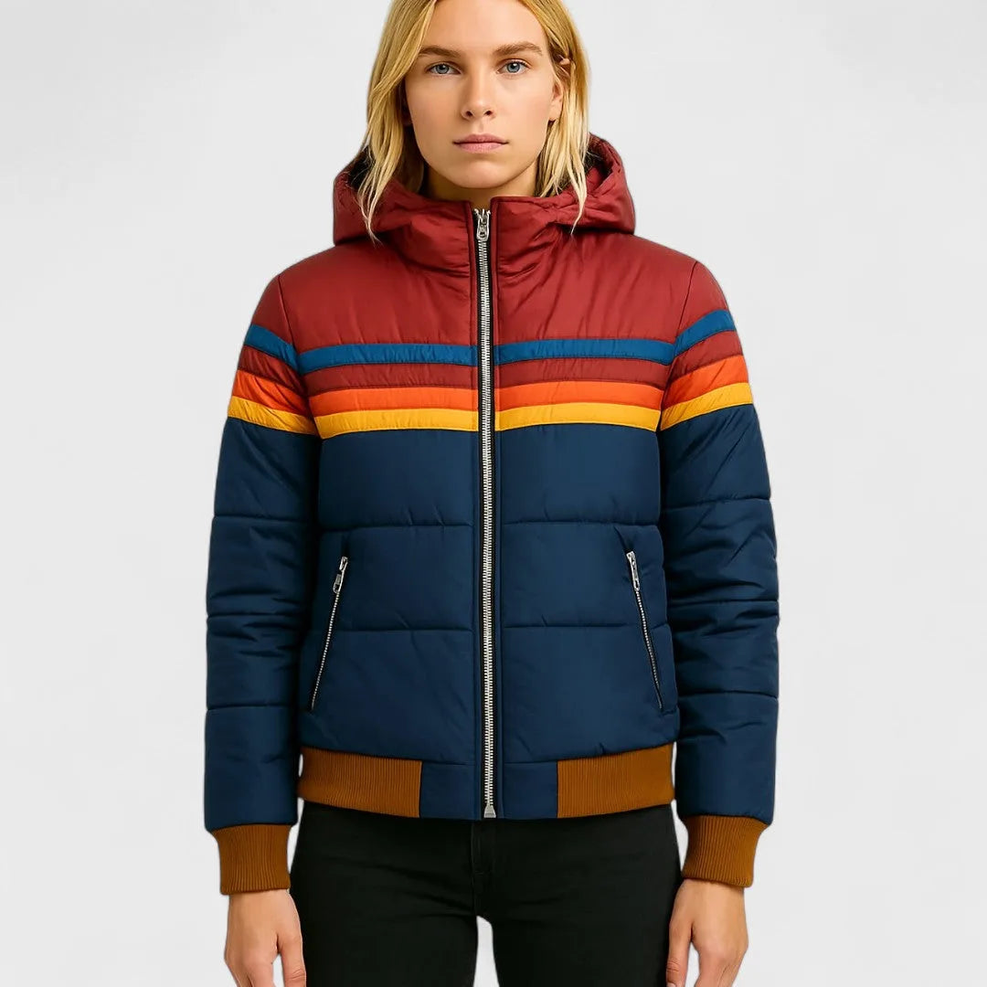 Women's retro striped puffer jacket with hood, front view with hood