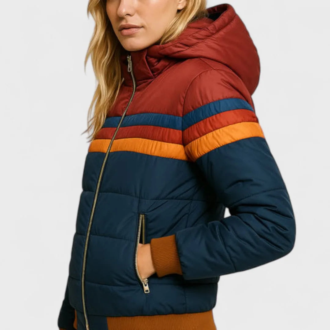 Women's retro striped puffer jacket with hood, front view with hood