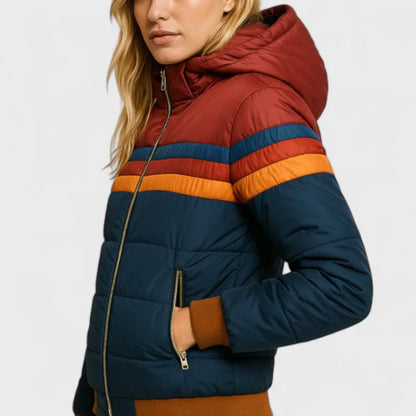 Women's retro striped puffer jacket with hood, front view with hood