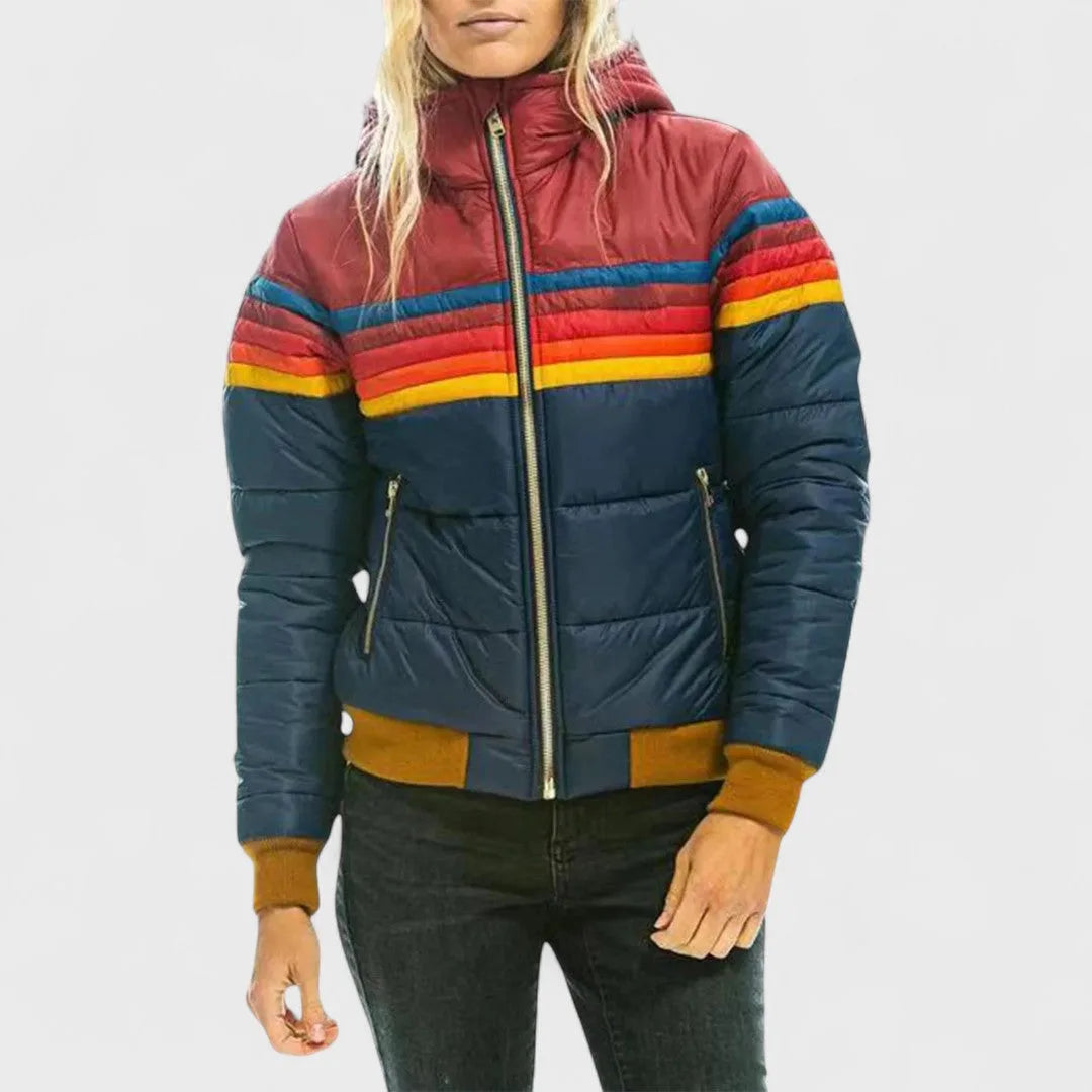 Women's retro striped puffer jacket with hood, front view