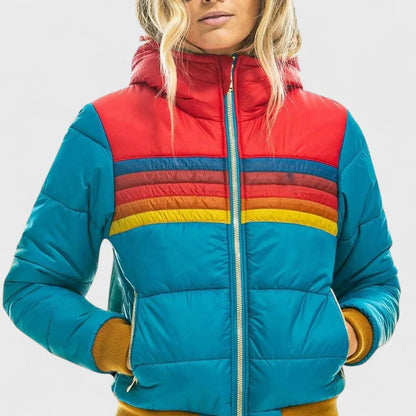 Women's retro striped puffer jacket with hood, light blue, front view