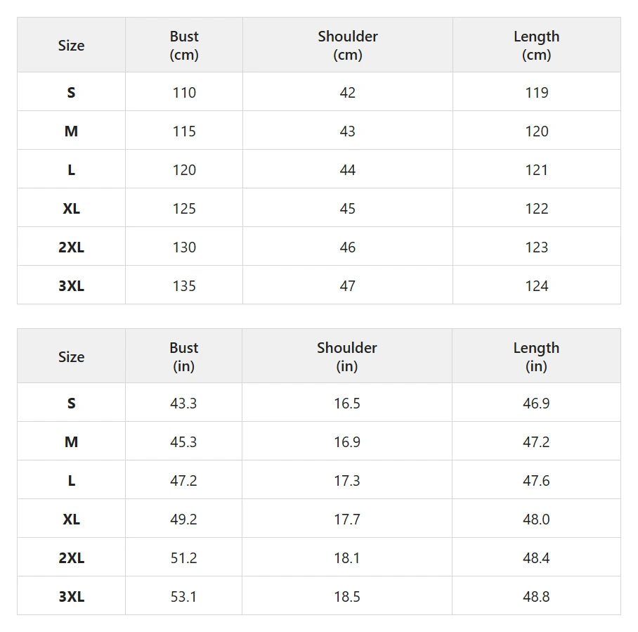 Size chart for reversible quilted long coat with leopard lining