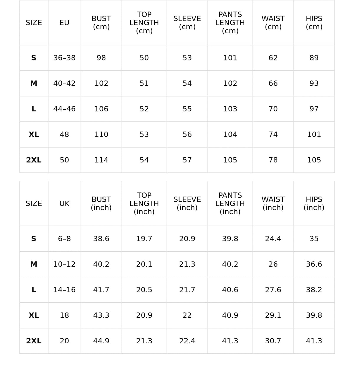 Size chart for ribbed hooded top and wide-leg pants set