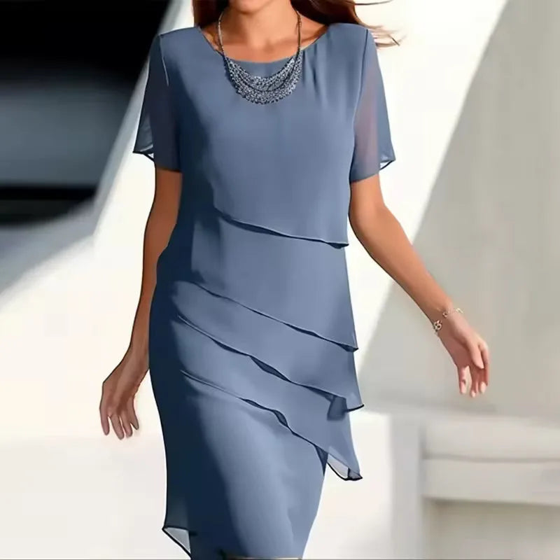 Women's round-neck draped midi dress with layered skirt, blue, front view