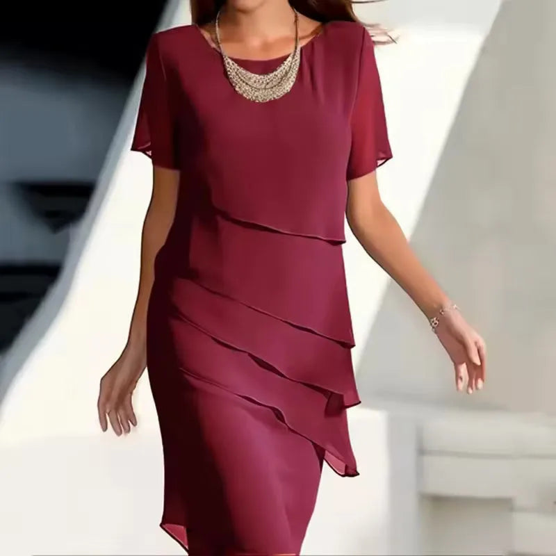 Women's round-neck draped midi dress with layered skirt, burgundy, front view
