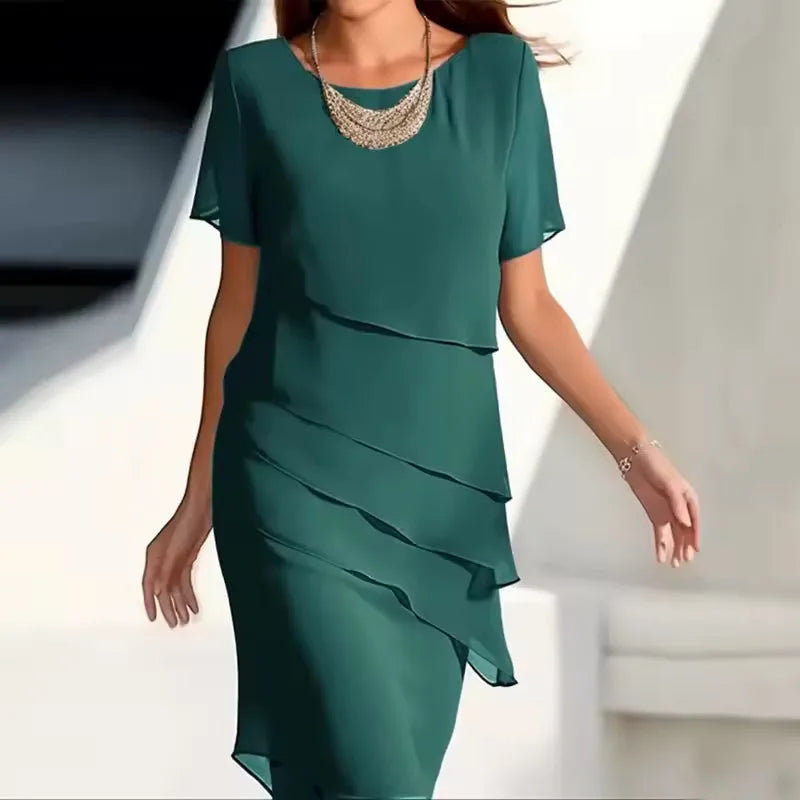 Women's round-neck draped midi dress with layered skirt, green, front view