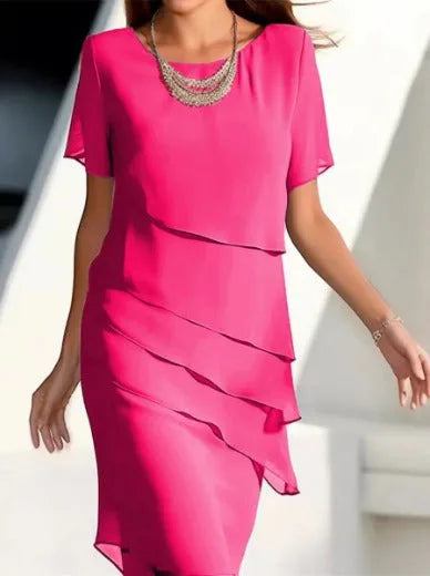 Women's round-neck draped midi dress with layered skirt, pink, front view