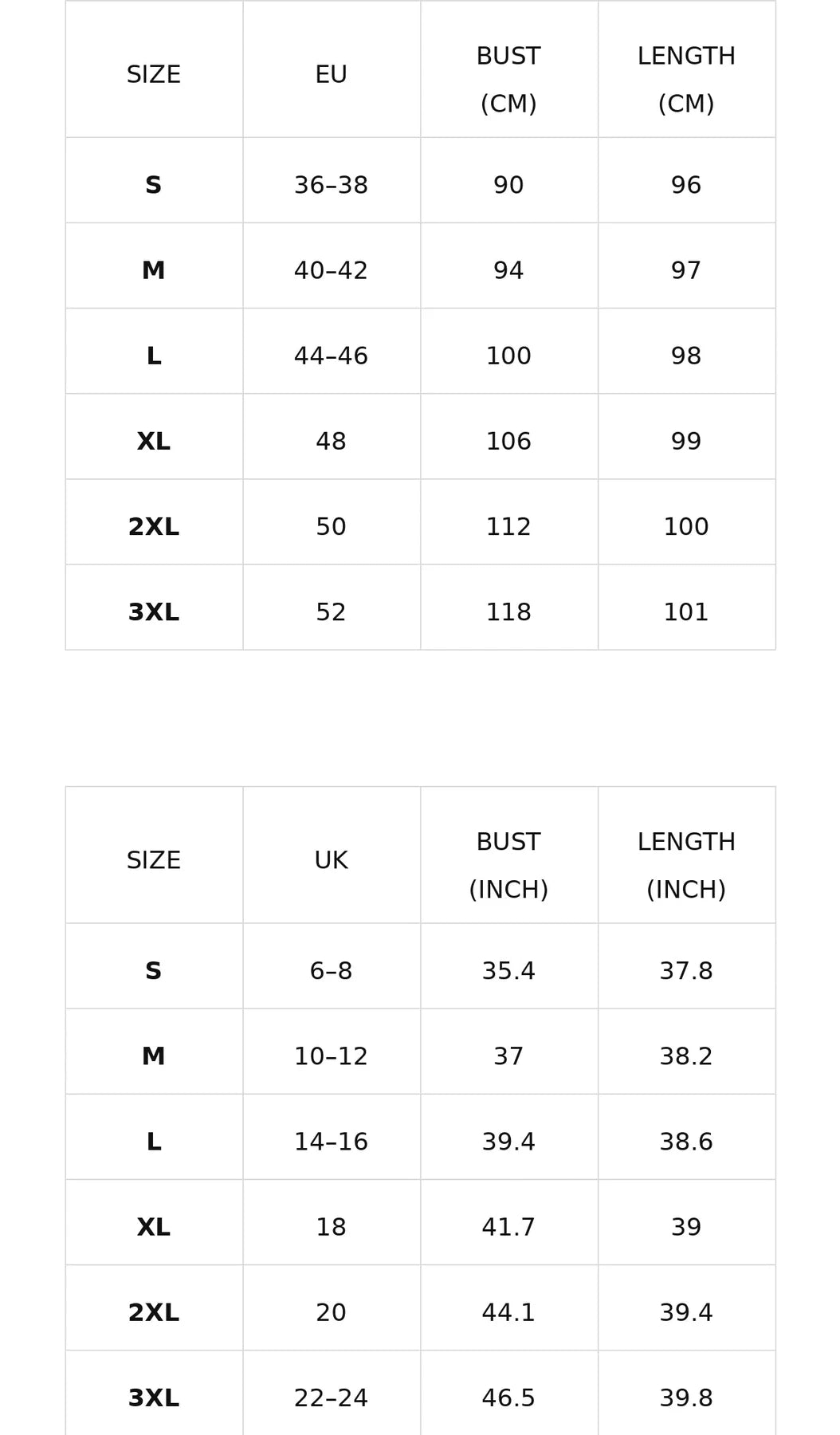 Size chart for the round-neck draped midi dress with layered skirt