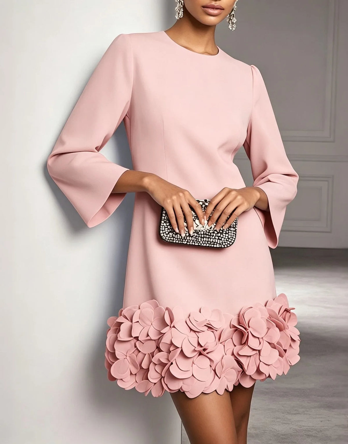Women's round-neck shift mini dress with 3D floral hem, pink, front view with clutch