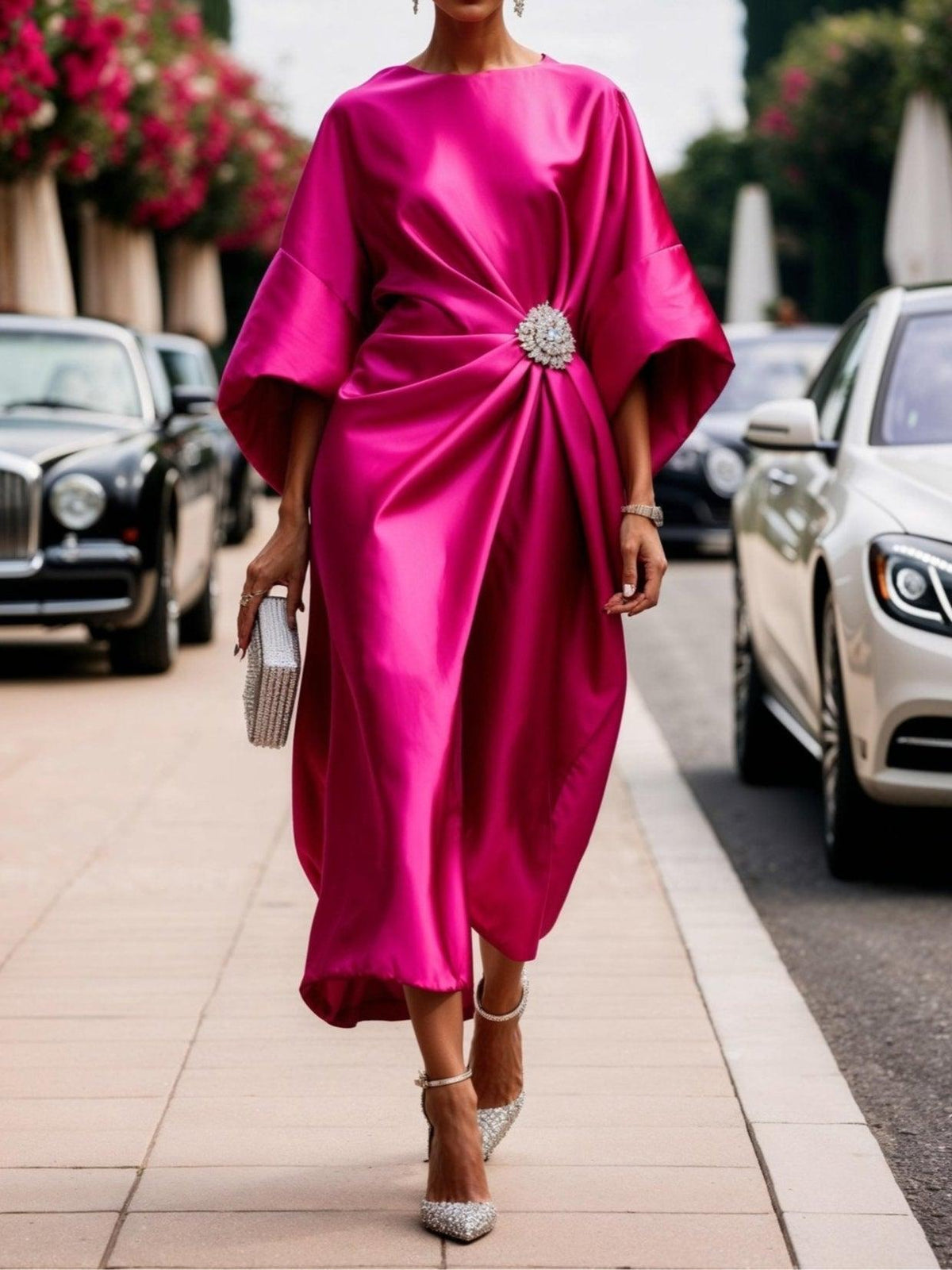 Ruched satin maxi dress, side view