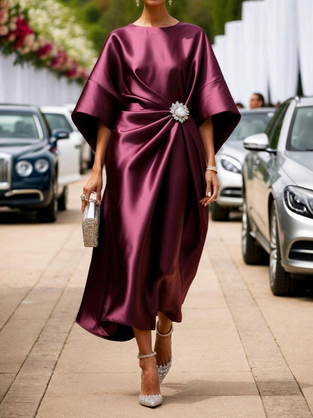 Boat neck satin maxi dress, back view