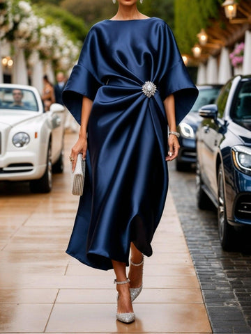 Ruched satin maxi dress with boat neck, front view