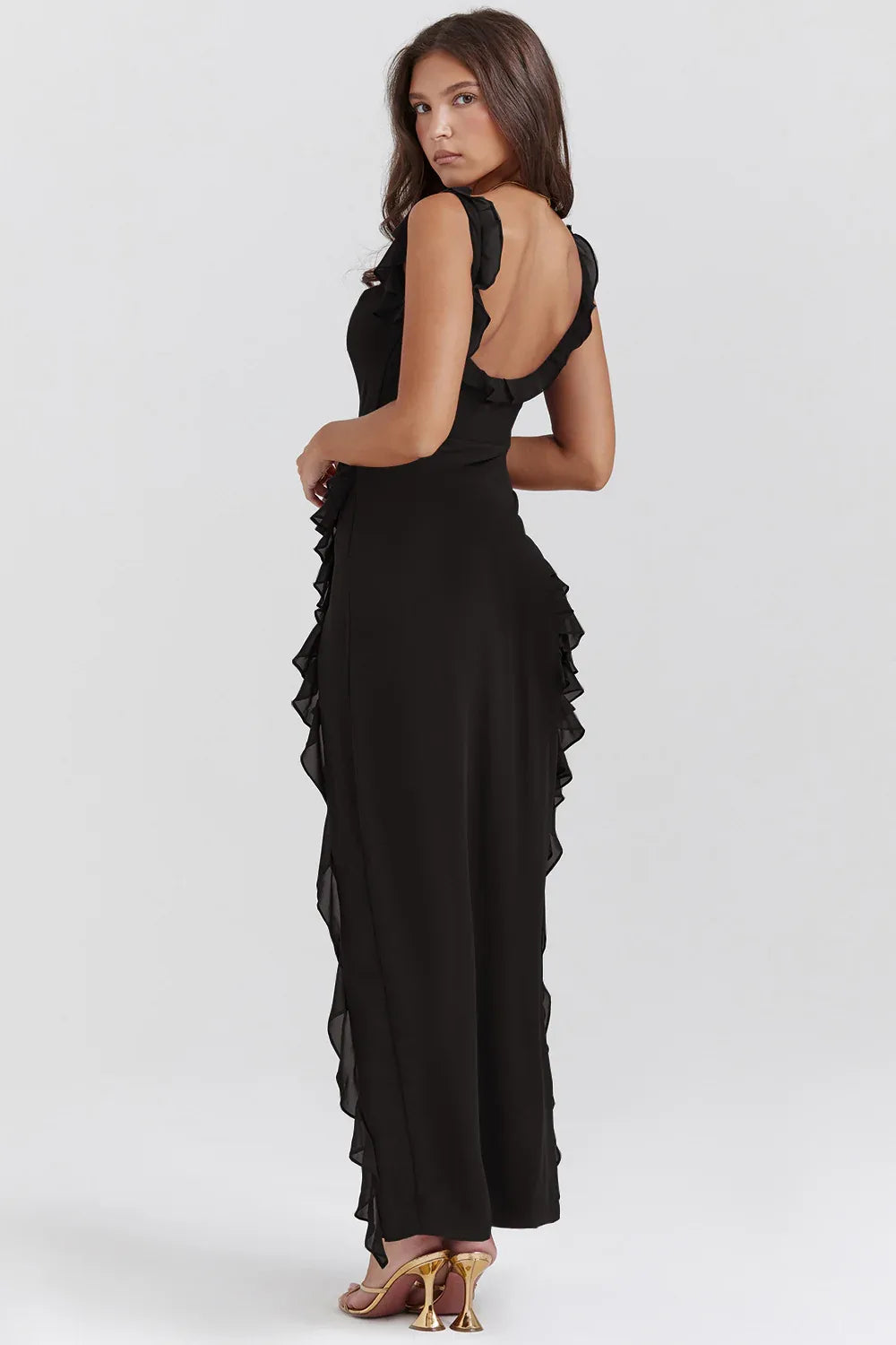 Women's ruffle-trim maxi dress with high side slit, black, back view
