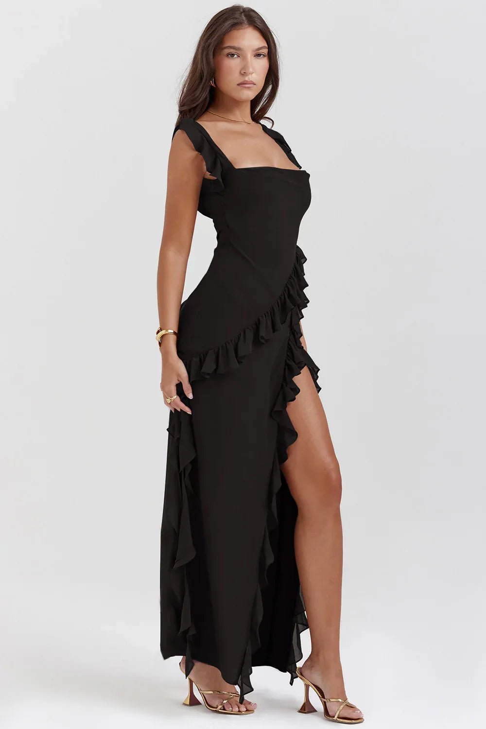Women's ruffle-trim maxi dress with high side slit, black, back view