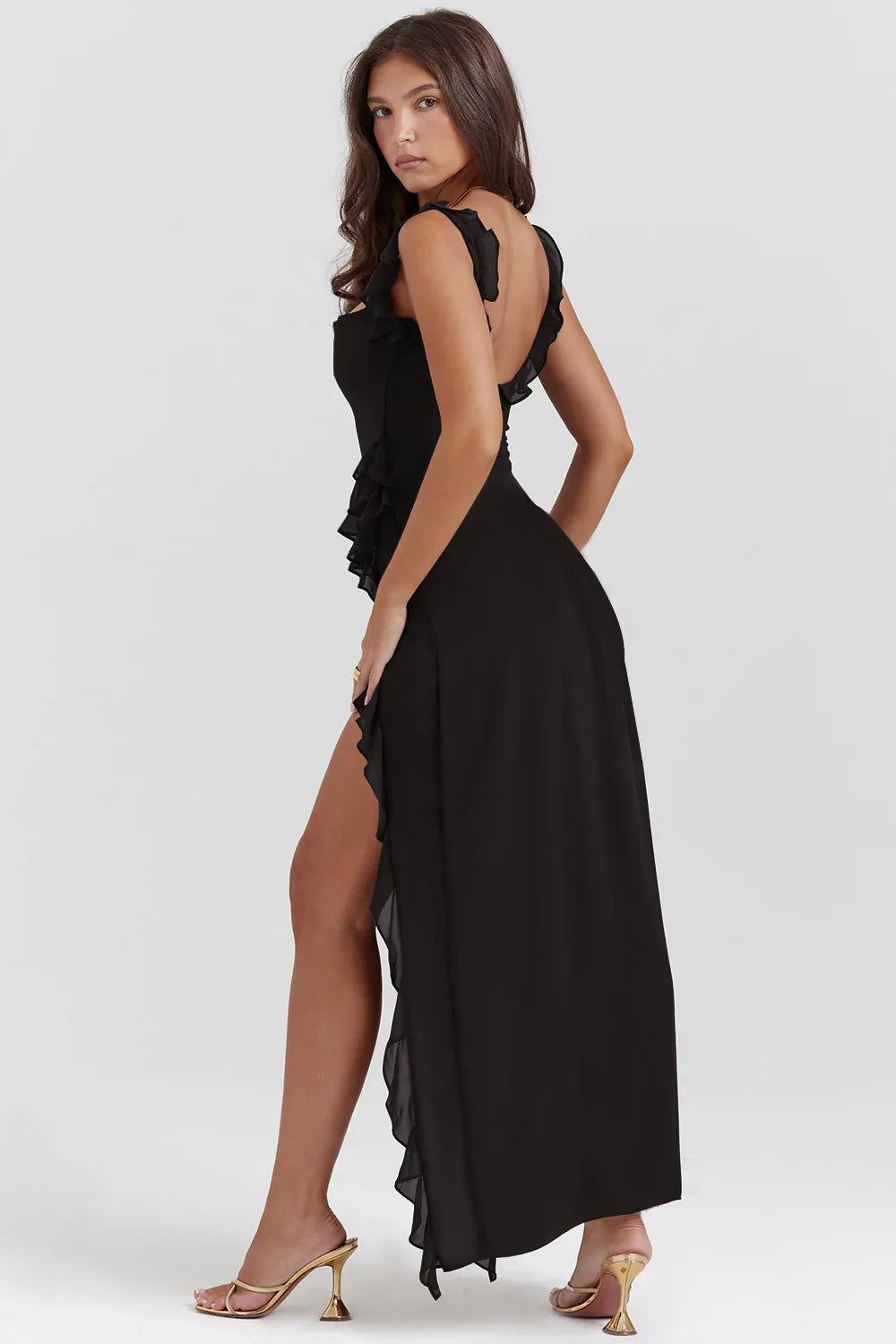 Women's ruffle-trim maxi dress with high side slit, black, three-quarter view