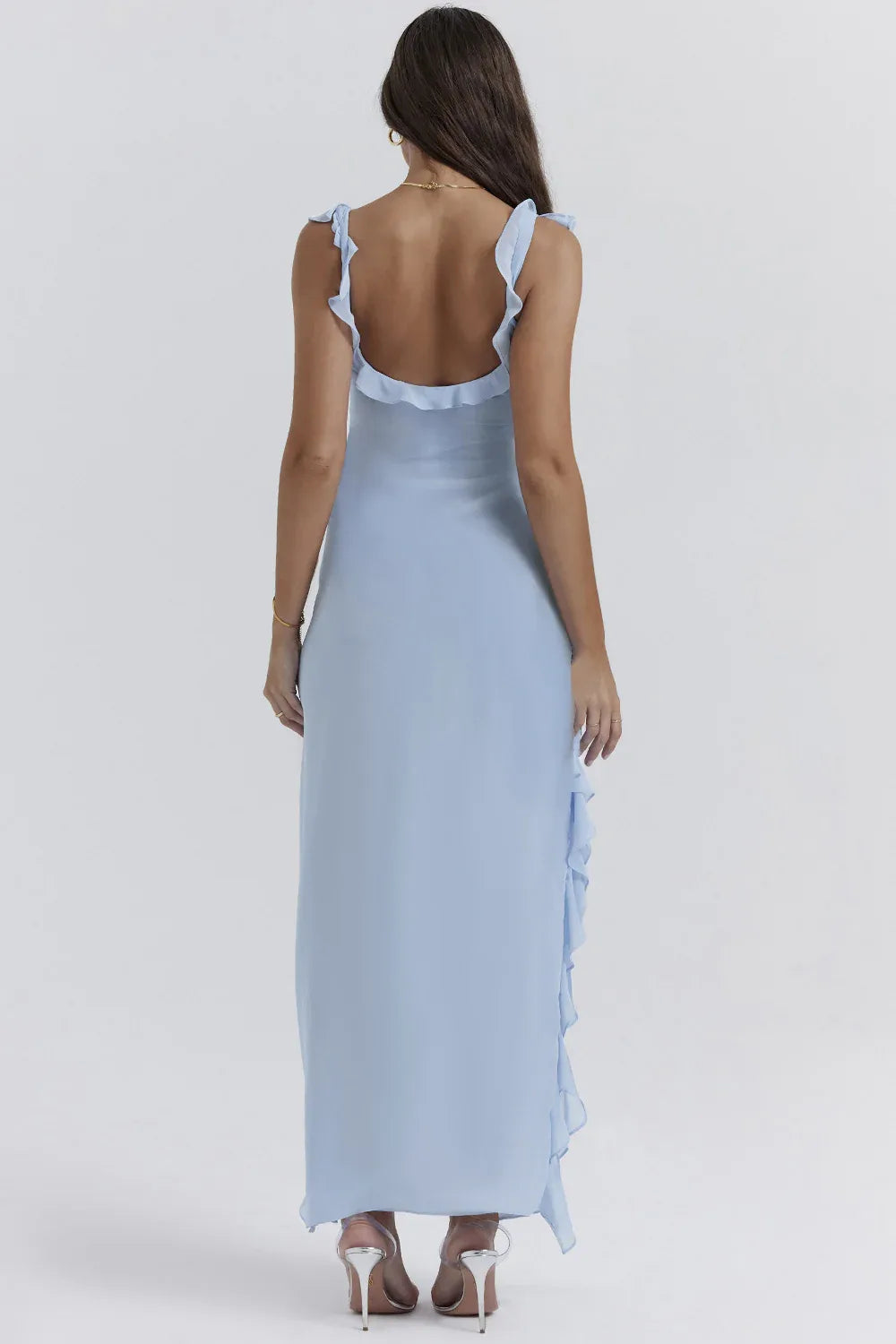 Women's ruffle-trim maxi dress with high side slit, light blue, back view