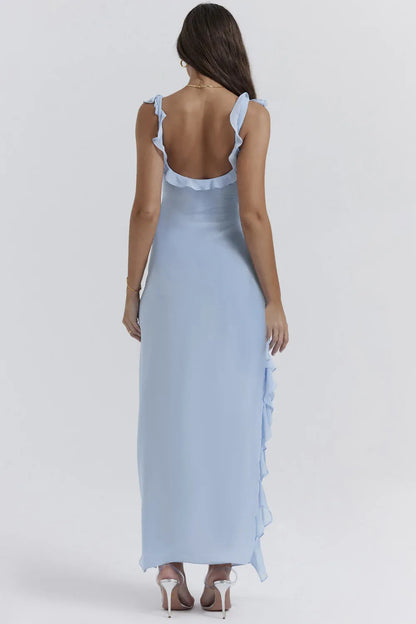 Women's ruffle-trim maxi dress with high side slit, light blue, back view