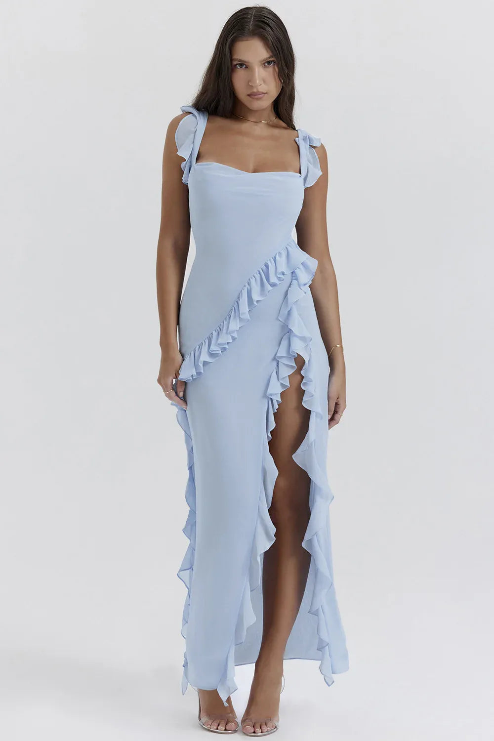 Women's ruffle-trim maxi dress with high side slit, light blue, front view