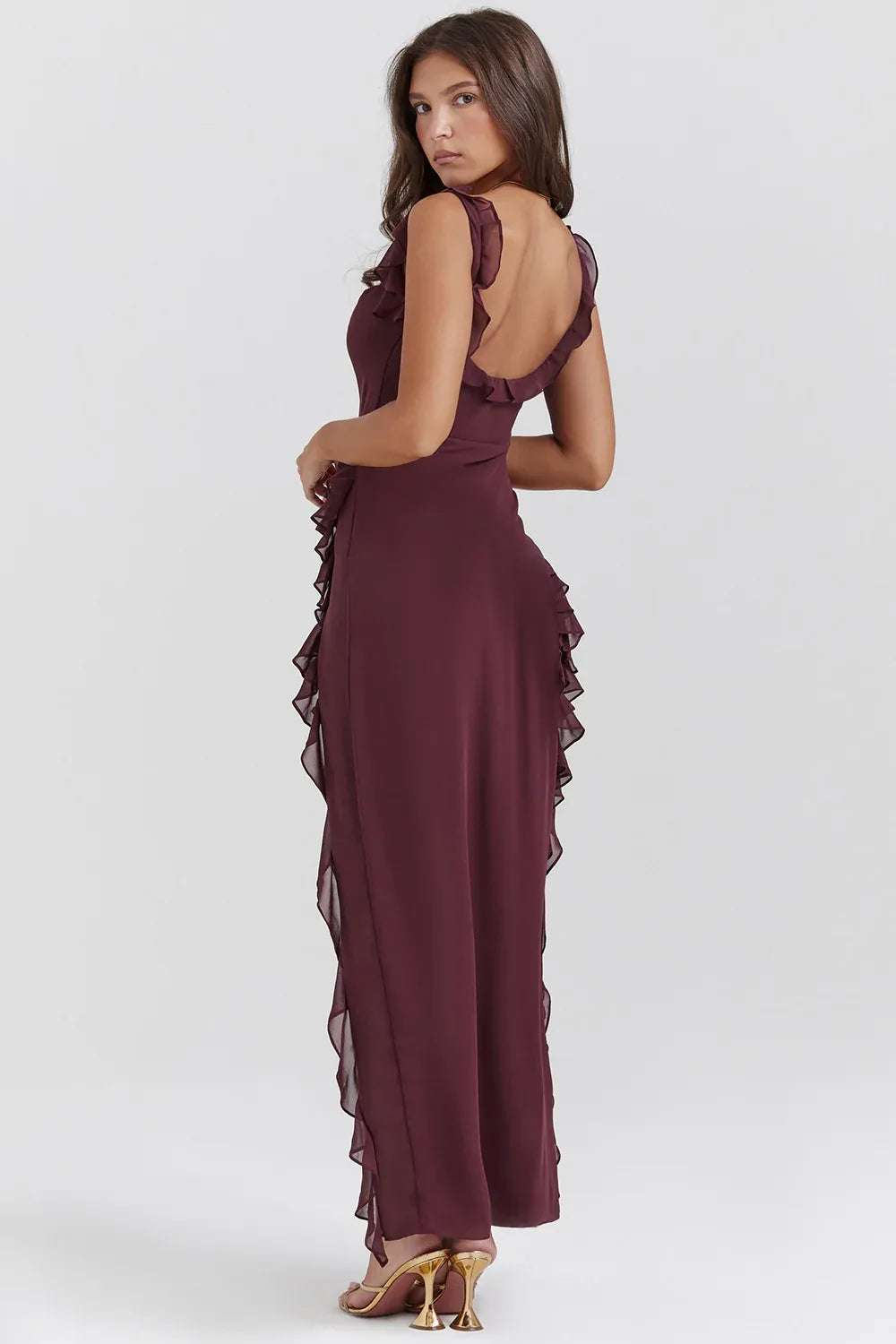 Women's ruffle-trim maxi dress with high side slit, plum, back view