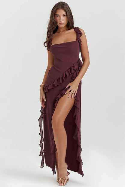 Women's ruffle-trim maxi dress with high side slit, plum, front view