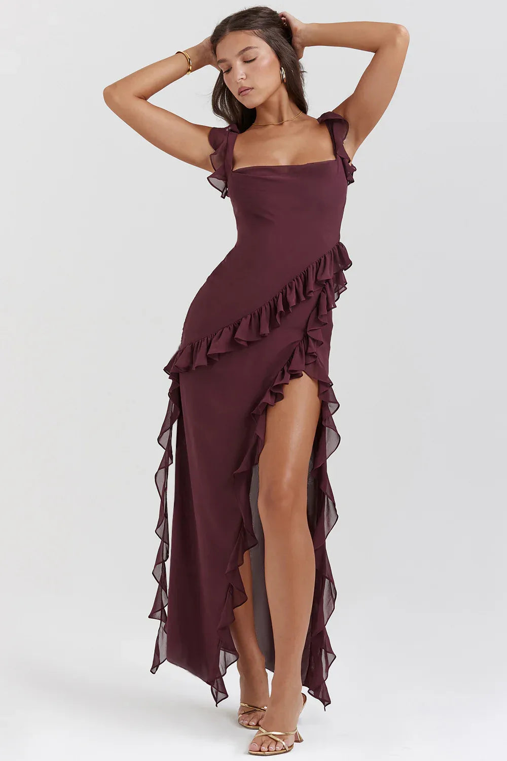 Women's ruffle-trim maxi dress with high side slit, plum, front view