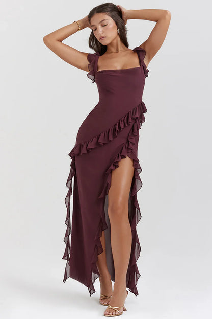 Women's ruffle-trim maxi dress with high side slit, plum, front view
