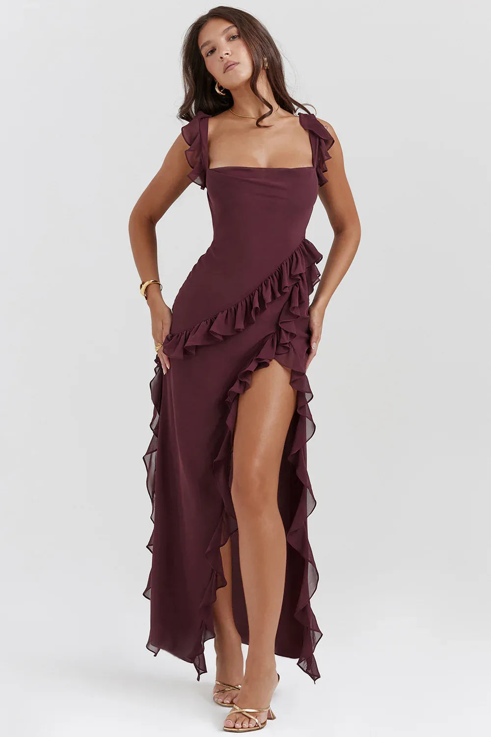 Women's ruffle-trim maxi dress with high side slit, plum, side view