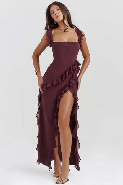 Women's ruffle-trim maxi dress with high side slit, plum, side view