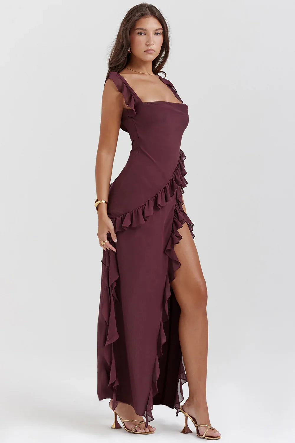 Women's ruffle-trim maxi dress with high side slit, plum, three-quarter view